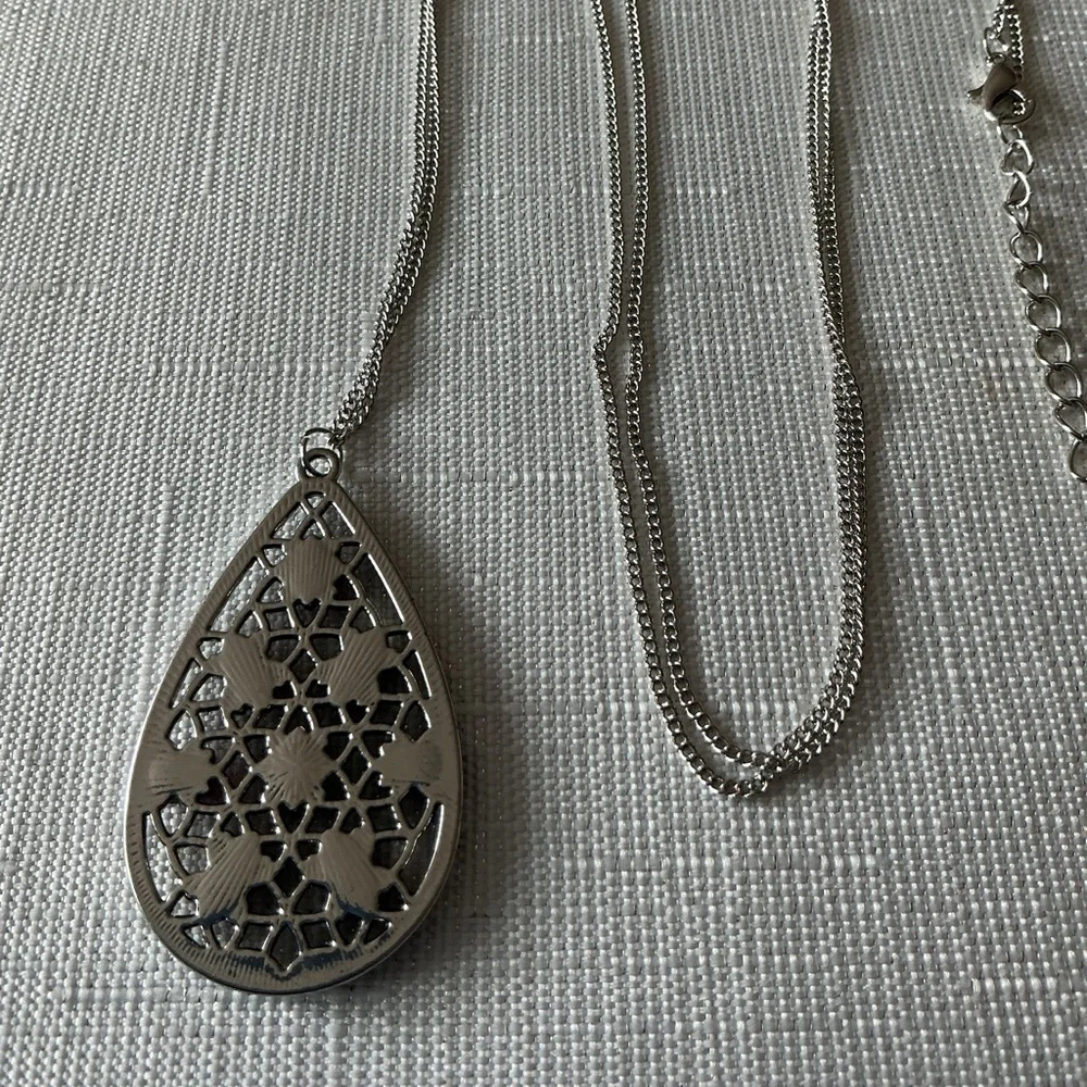 Pink Silver Tone Long Pendant Necklace
